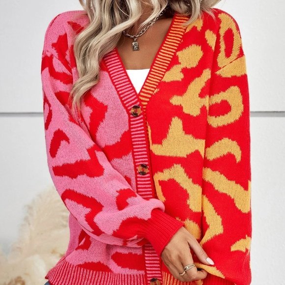 Multicolor Casual Womens Graphic Pattern Colorblock Drop Shoulder Cardigan - Picture 5 of 5